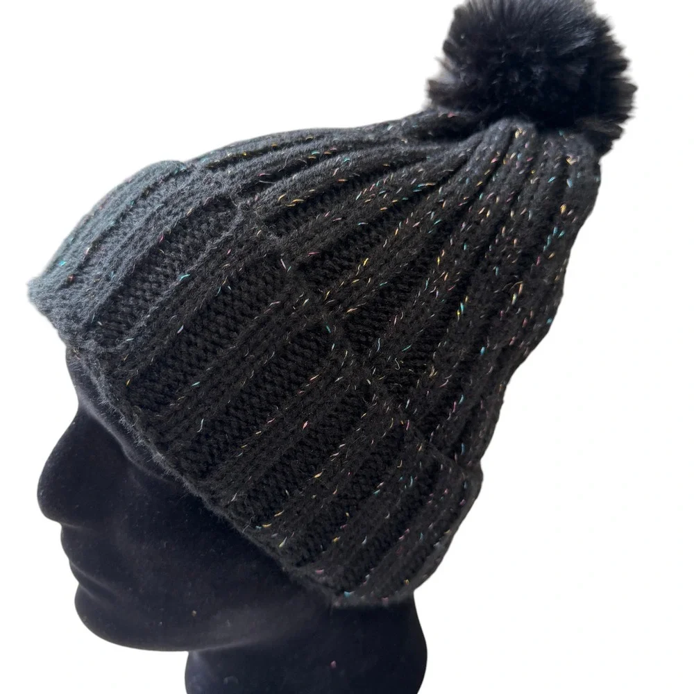 BP Black Metallic Pom Beanie Cozy Winter Streetwear‎ Y2K Sparkle Festival Hat
